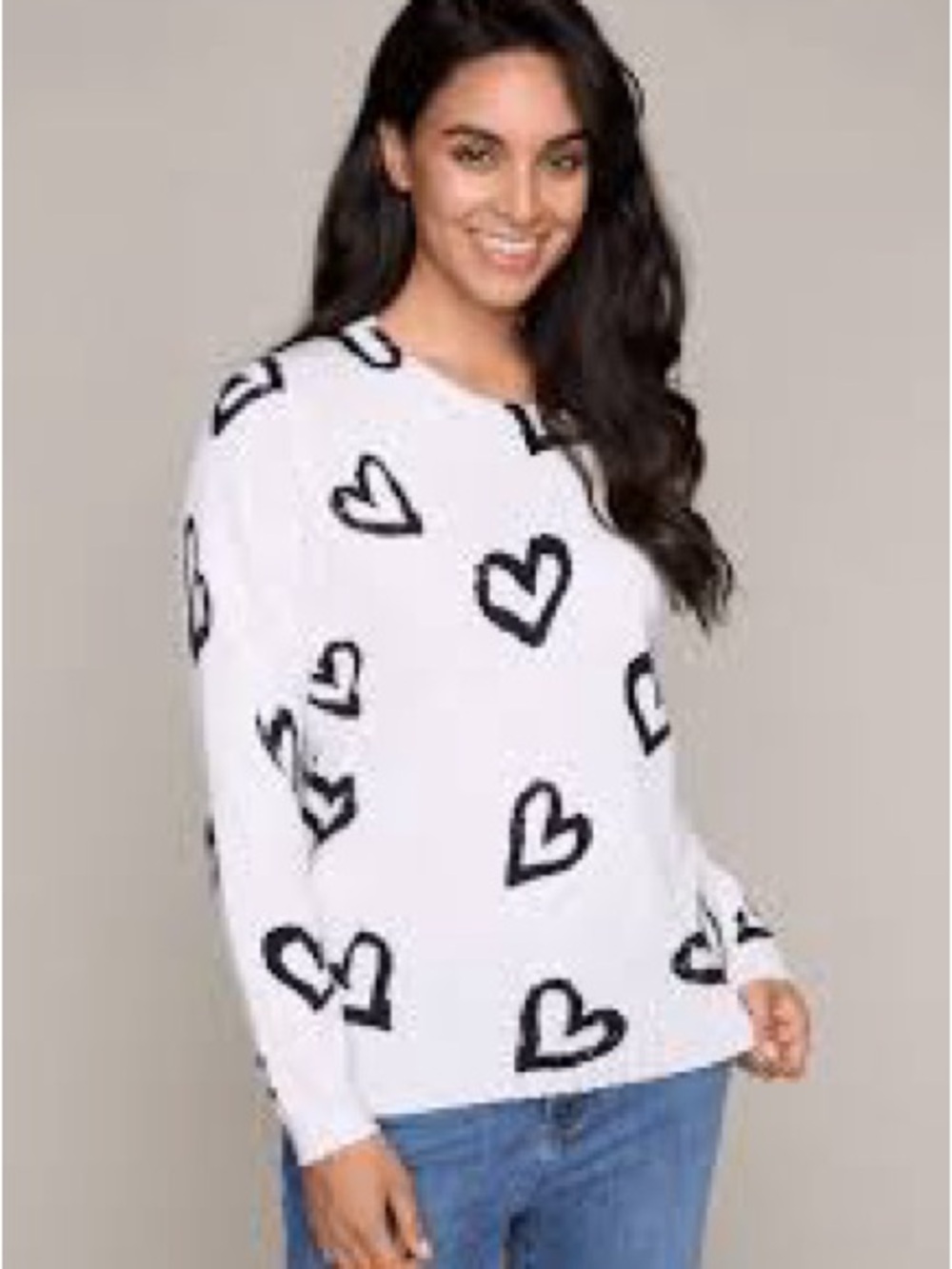 Lisa Todd White Sweater with Black Heart Print - Crewneck Pullover
